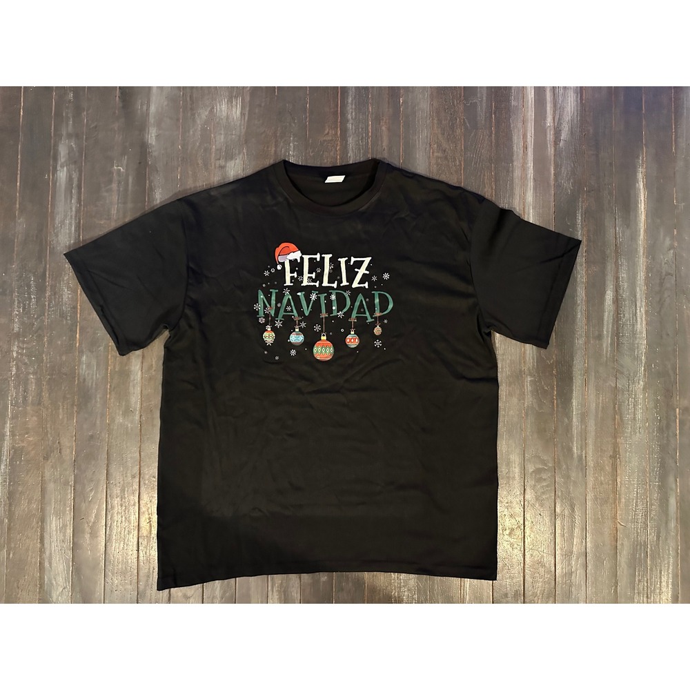 Feliz Navidad Christmas Graphic T-Shirt Black Short Sleeve Holiday Mens XL